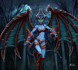 Rule 34 | 1girl, abs, armor, artist name, blue hair, blue skin, breasts, claws, colored skin, creepy, demon girl, demon tail, demon wings, dota (series), dota 2, fangs, forest, gauntlets, gem, glowing, glowing eyes, green eyes, highres, hooves, horns, horror (theme), mcrc science, medium breasts, monster girl, muscular, muscular female, nature, night, night stalker, open mouth, revealing clothes, standing, standing on one leg, star (sky), tail, torn wings, tree, wings