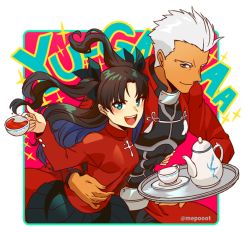 Rule 34 | 1boy, 1girl, archer (fate), arm around waist, black skirt, blush, brown hair, closed mouth, cup, dark-skinned male, dark skin, english text, fate/grand order, fate/stay night, fate (series), green eyes, grey eyes, hair ribbon, hair slicked back, holding, holding cup, holding tray, hug, jacket, laughing, long hair, long sleeves, looking at viewer, mepo (raven0), open mouth, pink background, pleated skirt, ribbon, short hair, simple background, skin tight, skirt, smile, sparkle, sweater, tassel, tea, teacup, teapot, tohsaka rin, tray, twintails, two side up, white background, white hair