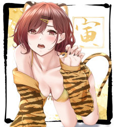 Rule 34 | 1girl, all fours, animal ear fluff, animal ears, animal print, bikini, black border, black nails, blush, border, breasts, brown eyes, brown hair, claw pose, cleavage, collarbone, eyebrows hidden by hair, fingernails, hair ornament, hairclip, hanging breasts, highres, higuchi madoka, idolmaster, idolmaster shiny colors, jacket, large breasts, long fingernails, long hair, long sleeves, looking at viewer, medium breasts, mole, mole under eye, nail polish, off shoulder, open clothes, open jacket, open mouth, orange jacket, outside border, print jacket, single bare shoulder, solo, swept bangs, swimsuit, tail, tiger ears, tiger girl, tiger print, tiger tail, yellow bikini, yuzuyu (hyui)