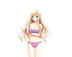 Rule 34 | 1girl, bare shoulders, blonde hair, blue eyes, blush, bra, breasts, fuuka (artist), game cg, large breasts, legs, long hair, looking at viewer, maiyoku dead saimin, navel, panties, simple background, solo, standing, strapless, strapless bra, thighs, underwear, white background