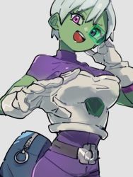 Rule 34 | 1girl, :d, bag, belt, bodysuit, breasts, cheelai, colored skin, dragon ball, dragon ball super, gloves, green skin, grey background, kemachiku, large breasts, open mouth, scouter, short hair, simple background, skin tight, smile, solo, white gloves, white hair