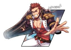 Rule 34 | 1boy, abs, artist name, bara, beard, belt, blue eyes, brown hair, epaulettes, facial hair, fate/grand order, fate (series), fighting stance, huge weapon, long sideburns, long sleeves, looking at viewer, male focus, military, military uniform, muscular, napoleon bonaparte (fate), oneirio, open clothes, open hand, pants, pectoral cleavage, pectorals, scar, sideburns, simple background, smile, solo, teeth, uniform, weapon