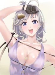 Rule 34 | 1girl, ahoge, alternate costume, azur lane, bare shoulders, black gloves, black ribbon, blue eyes, blush, breasts, cleavage, collarbone, commentary request, fangs, gloves, gradient background, grey hair, hair ornament, jewelry, large breasts, long hair, looking at viewer, miss non, necklace, open mouth, ribbon, seattle (azur lane), seattle (gorgeous party) (azur lane), smile, solo