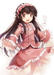 Rule 34 | 1girl, alternate costume, backlighting, brown eyes, brown hair, rabbit, efe, frilled shirt, frilled skirt, frills, hairband, houraisan kaguya, lolita fashion, lolita hairband, long hair, long sleeves, looking at viewer, open mouth, outstretched arms, shirt, skirt, skirt set, smile, solo, touhou, very long hair, wide sleeves