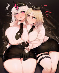 Rule 34 | 2girls, abyssal ship, assisted exposure, black gloves, black necktie, black skirt, blonde hair, blush, breasts, cleavage, cosplay, covered erect nipples, crossover, embarrassed, facing viewer, garrison cap, girls&#039; frontline, gloves, groping, hand under clothes, hat, highres, horns, huge breasts, kantai collection, large breasts, long hair, looking at another, mp40 (girls&#039; frontline), mp40 (girls&#039; frontline) (cosplay), multiple girls, necktie, open mouth, pencil skirt, pink eyes, red eyes, seaport princess, shirt, short hair, sidelocks, sitting, skirt, swept bangs, tears, thick thighs, thigh strap, thighs, uni (oni unicorn), very long hair, white hair, white shirt, wide hips, yuri