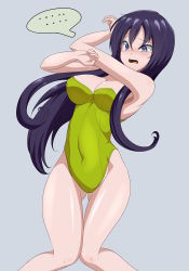 Rule 34 | ..., 1girl, absurdres, black hair, blue eyes, breasts, clam curry, cleavage, commentary request, final fantasy, final fantasy vii, gluteal fold, grey background, highleg, highleg leotard, highres, knees together feet apart, legs together, leotard, long hair, medium breasts, pollensalta, simple background, solo, spoken ellipsis, standing, strapless, strapless leotard, thigh gap, very long hair, yellow leotard