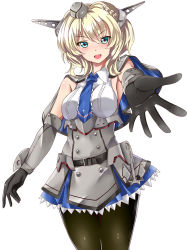 Rule 34 | 1girl, black gloves, black pantyhose, blonde hair, blue eyes, blue necktie, braid, breasts, capelet, colorado (kancolle), commentary request, dress, elbow gloves, foreshortening, garrison cap, gloves, grey dress, hat, headgear, highres, kantai collection, large breasts, looking at viewer, necktie, open mouth, pantyhose, pleated dress, sebunsu, shirt, short hair, side braids, sideboob, simple background, sleeveless, smile, solo, white background, white shirt