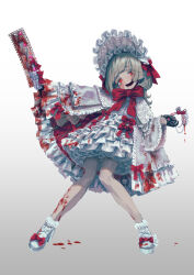 Rule 34 | 1girl, black gloves, blood, blood on clothes, blood on face, blood on leg, blush, bobby socks, bonnet, bow, bowtie, capelet, commentary request, dress, dress bow, drooling, footwear bow, frilled bonnet, frilled dress, frilled sleeves, frills, full body, gloves, gradient background, grey hair, hair bow, highres, holding pliers, japanese saw, jonpei, large bow, lolita fashion, long hair, looking at viewer, open mouth, original, pliers, red bow, red eyes, saliva, saw, socks, wavy mouth, white footwear, white headwear