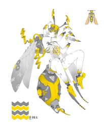 Rule 34 | 1girl, android, antennae, arthropod girl, colored skin, female focus, full body, headgear, highres, insect wings, liren44, monster girl, original, pale skin, reverse grip, ribs, science fiction, short hair, simple background, skeleton, solo, stinger, wasp, wasp girl, weapon, white hair, white skin, wings, yellow background, yellow eyes