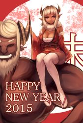 Rule 34 | 1boy, 1girl, animal ears, beard, blush, breasts, chinese zodiac, cleavage, facial hair, goat ears, goat girl, goat horns, happy new year, highres, horns, hrtyuk, large breasts, long hair, looking at viewer, monster girl, muscular, mustache, new year, open mouth, original, short hair, smile, solo focus, year of the goat