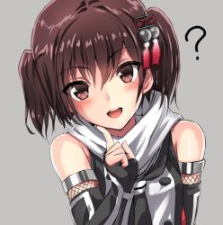 Rule 34 | 10s, 1girl, :d, ?, black gloves, black neckerchief, blush, brown eyes, brown hair, buttons, double-breasted, elbow gloves, finger to cheek, fingerless gloves, fishnets, gloves, grey background, hair ornament, hairpin, head tilt, index finger raised, kantai collection, looking at viewer, neckerchief, open mouth, round teeth, scarf, school uniform, sendai (kancolle), sendai kai ni (kancolle), serafuku, shiny skin, short hair, short twintails, simple background, sleeveless, smile, solo, tassel, teeth, tooi aoiro, twintails, two side up, upper body, white scarf