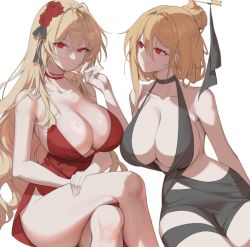 Rule 34 | 2girls, azur lane, bad id, bad twitter id, bare arms, black choker, blonde hair, breasts, choker, cleavage, collarbone, cowboy shot, crossed legs, dress, flower, hair between eyes, hair flower, hair ornament, hairpin, hand up, huge breasts, king george v (azur lane), korean commentary, long hair, looking at another, looking at viewer, multiple girls, no mouth, original, prince of wales (azur lane), red choker, red dress, red eyes, red flower, red rose, rose, shadow, simple background, sitting, white background, whois
