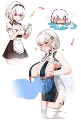 Rule 34 | &gt; &lt;, 1girl, absurdres, anchor choker, apron, arrow (symbol), azur lane, blush, braid, breast curtains, breast expansion, breast lift, breasts, brown skirt, cellphone, china dress, chinese clothes, choker, cleavage, dress, frilled choker, frills, garter straps, grey dress, hair behind ear, hairband, heart, highres, huge breasts, lace-trimmed hairband, lace trim, manjuu (azur lane), multiple views, pelvic curtain, phone, red eyes, revealing clothes, see-through, see-through sleeves, short hair, short sleeves, simple background, sirius (azur lane), sirius (azure horizons) (azur lane), skindentation, skirt, smartphone, thighhighs, two-tone leotard, water, white apron, white background, white dress, white hair, white thighhighs, zettai ryouiki, zukanosuke