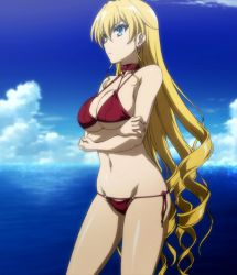 Rule 34 | 10s, 1girl, blonde hair, blue eyes, bra, breasts, claire harvey, cleavage, highres, hundred (light novel), large breasts, long hair, red bra, screencap, solo, standing, stitched, summer, third-party edit, underboob, underwear