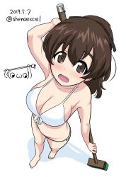 Rule 34 | 1girl, absurdres, arm behind head, artist logo, barefoot, bikini, blush, breasts, broom, brown eyes, brown hair, cleavage, commentary, dated, foreshortening, from above, front-tie bikini top, front-tie top, frown, girls und panzer, highres, holding, holding behind back, holding broom, koyama yuzu, looking at viewer, medium breasts, medium hair, holding behind back, one-hour drawing challenge, open mouth, shadow, shiina excel, short ponytail, side-tie bikini bottom, simple background, solo, standing, swimsuit, twitter username, wavy mouth, white background, white bikini