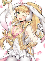 Rule 34 | 1futa, ;d, animal ears, arm up, blonde hair, blush, braid, breasts, bulge, cleavage, cleavage cutout, clothing cutout, erection, erection under clothes, fire emblem, fire emblem heroes, futanari, ge-b, gloves, green eyes, long hair, looking at viewer, medium breasts, nintendo, one eye closed, open mouth, pantyhose, penis, polka dot, rabbit ears, rabbit girl, rabbit tail, see-through, sharena (fire emblem), simple background, smile, solo, tail, third-party edit, unaligned breasts, white background, white gloves, white pantyhose, wrist cuffs