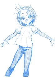 Rule 34 | 1girl, blue theme, braid, braided bangs, highres, looking at viewer, medalist (manga), monochrome, outstretched arms, shirt, short hair, simple background, sketch, smile, solo, spread arms, t-shirt, ukokkei, yuitsuka inori
