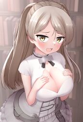 Rule 34 | 1girl, absurdres, blush, book, bookshelf, breasts, brown eyes, cleavage, cleavage cutout, clothing cutout, conte di cavour (kancolle), conte di cavour nuovo (kancolle), dress, frilled dress, frills, grey dress, grey hair, highres, kantai collection, large breasts, long hair, looking at viewer, open mouth, short sleeves, solo, tiemu (man190), upper body, white dress