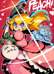 Rule 34 | 1girl, 2boys, :d, blonde hair, blue eyes, blush stickers, bowser, commentary, dress, earrings, english commentary, floating hair, food, frying pan, highres, holding, jewelry, long dress, long hair, mario, mario (series), multiple boys, nintendo, open mouth, pink dress, pink pupils, princess peach, puffy short sleeves, puffy sleeves, rariatto (ganguri), short sleeves, smile, super mario bros. 1, super smash bros., vegetable