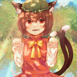 Rule 34 | 1girl, :3, animal ear fluff, animal ears, blush, bow, bowtie, brown hair, cat ears, cat tail, chen, day, earrings, fang, green hat, hat, highres, jewelry, long sleeves, looking at viewer, mob cap, mouth hold, multiple tails, nekomata, outdoors, paw pose, shirt, short hair, single earring, solo, tail, touhou, tree, two tails, upper body, uzuz (xvhm5584), vest, yellow bow