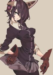 Rule 34 | 10s, 1girl, :o, bad id, bad pixiv id, eyepatch, gloves, grey background, hand on own hip, highres, kantai collection, leather, leather gloves, maikeru (dk maikel), miniskirt, necktie, pantyhose, pleated skirt, purple hair, simple background, skirt, solo, tenryuu (kancolle), yellow eyes