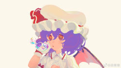 Rule 34 | 1girl, adapted costume, bat wings, blowing bubbles, collared shirt, frilled shirt collar, frills, gloves, hair between eyes, hat, highres, le zhang zhang, mob cap, open mouth, purple hair, red eyes, red ribbon, remilia scarlet, ribbon, ribbon-trimmed headwear, ribbon trim, shirt, short hair, short sleeves, simple background, solo, touhou, upper body, weibo logo, weibo watermark, white background, white gloves, white hat, white shirt, wings