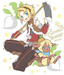 Rule 34 | 1boy, :d, arm warmers, black pants, blonde hair, blue eyes, blue scarf, blush, boots, brown footwear, brown jacket, commentary request, copyright name, cropped jacket, dual persona, full body, hand up, hoe, holding hoe, jacket, looking at viewer, male focus, mice (rune factory), mini mamu, open mouth, pants, red sweater, rune factory, rune factory 3, scarf, sheep, short hair, sitting, sleeveless, smile, sweater, turnip