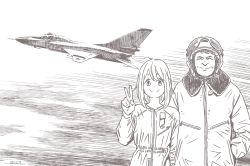 Rule 34 | 1boy, 1girl, aircraft, airplane, brown theme, character request, closed eyes, closed mouth, dated, facing viewer, fighter jet, helmet, horikou, jet, looking at viewer, military, military uniform, military vehicle, monochrome, pilot helmet, real life, signature, smile, soldier, soviet, soviet army, su-15, uniform, v, yurucamp