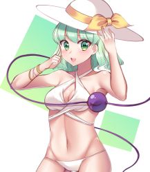 Rule 34 | 1girl, :d, arm up, bad id, bad pixiv id, bare arms, bare shoulders, bikini, blush, bow, breasts, cleavage, cowboy shot, dark jewel (gem oblivion), green eyes, green hair, groin, halterneck, hand on headwear, hand up, hat, hat bow, heart, heart-shaped pupils, highres, komeiji koishi, looking at viewer, medium breasts, navel, open mouth, short hair, smile, solo, swimsuit, symbol-shaped pupils, third eye, touhou, white bikini, white hat, yellow bow