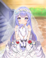 Rule 34 | 1girl, :o, absurdres, azur lane, bare shoulders, blue flower, blue rose, blurry, blurry background, blush, bow, bridal veil, chestnut mouth, commentary request, day, depth of field, dress, flower, frilled bow, frills, hair flower, hair ornament, highres, huge filesize, lisu, looking at viewer, hugging object, outdoors, parted lips, purple eyes, purple hair, red flower, red rose, rose, see-through, sleeveless, sleeveless dress, solo, stairs, standing, stone stairs, stuffed animal, stuffed pegasus, stuffed toy, stuffed unicorn, stuffed winged unicorn, unicorn (azur lane), veil, white dress, yellow bow