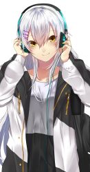 Rule 34 | 1girl, blush, closed mouth, collarbone, hair between eyes, headphones, highres, jacket, long sleeves, looking at viewer, onineko-chan, open clothes, open jacket, open mouth, original, silver hair, simple background, solo, white background, yellow eyes