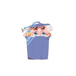 1girl arrow_(projectile) arrow_in_body arrow_in_head blue_eyes bocchi_the_rock! chibi cube_hair_ornament eyewear_on_head fish_skeleton gotoh_hitori hair_between_eyes hair_ornament hands_up in_container in_trash_can leaf leaf_on_head object_through_head one_side_up pink_hair rebecca_(keinelove) red-framed_eyewear simple_background solo star-shaped_eyewear star_(symbol) sunglasses tears trash_can white_background