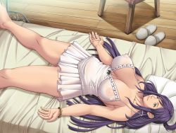 Rule 34 | 10s, 1girl, babydoll, bare legs, bed, bracelet, breasts, cleavage, collarbone, covered erect nipples, dress, empress (studio), game cg, jewelry, large areolae, large breasts, lips, long hair, lying, mole, mole under mouth, nipples, nonohara mikako, on back, on bed, pillow, purple eyes, purple hair, see-through, sei shoujo, short dress, slippers, solo, spread legs, starless, will (company), wooden floor