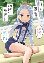 Rule 34 | &gt;:), 1girl, aruma (sawayaka tokuko miruku), bare shoulders, barefoot, black bow, blue hair, blue skirt, blush, bow, closed mouth, collar, commentary request, couch, crown, defloration request, elbow gloves, forehead, gloves, hand up, highres, indoors, long hair, looking at viewer, on couch, original, panties, skirt, smile, solo, swept bangs, translated, underwear, upskirt, v-shaped eyebrows, white gloves, white panties, window, yellow eyes