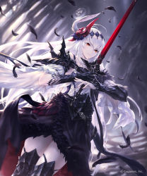 Rule 34 | 1girl, armor, cygames, dark jeanne, feather hair ornament, feathers, hair ornament, hisakata souji, jeanne d&#039;arc (granblue fantasy), long hair, looking at viewer, red eyes, shadowverse, single vambrace, smile, solo, sword, vambraces, weapon, white hair