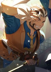 Rule 34 | absurdres, bara, belt, blue shirt, cane, facial hair, flying paper, green eyes, highres, holding, holding cane, holding paper, kiekoio, male focus, oscar (housamo), paper, shirt, smile, stage, stage lights, tokyo houkago summoners, yellow tit