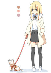 Rule 34 | 1girl, animal, animal request, beige coat, black skirt, black thighhighs, blonde hair, blush, closed mouth, coat, commentary request, fur-trimmed coat, fur trim, grey eyes, hair between eyes, hand in pocket, hatsunatsu, holding, holding leash, leash, long hair, long sleeves, looking away, open clothes, open coat, original, pleated skirt, shirt, shoes, skirt, solo, standing, thighhighs, white background, white footwear, white shirt