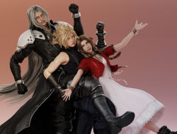 Rule 34 | 1girl, 2boys, 3d, aerith gainsborough, aqua eyes, armor, artist name, black jacket, black pants, blonde hair, boots, bracelet, breasts, brown hair, choker, cloud strife, cropped jacket, dress, final fantasy, final fantasy vii, final fantasy vii remake, green eyes, highres, jacket, jewelry, long dress, long hair, looking at viewer, medium breasts, multiple boys, necklace, outstretched arms, pants, parted bangs, pink dress, red jacket, sephiroth, short hair, shoulder armor, silver hair, sleeveless, sleeveless turtleneck, smile, solarasona, spiked hair, square enix, suspenders, turtleneck