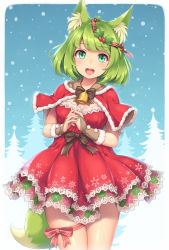 Rule 34 | 1girl, :d, animal ear fluff, animal ears, aqua eyes, bell, bridal gauntlets, capelet, christmas, cowboy shot, fingerless gloves, fox ears, fox tail, fur trim, gloves, green eyes, green hair, highres, holly, leg ribbon, looking at viewer, merry christmas, mistletoe, open mouth, original, own hands together, ribbon, santa costume, sasaame, short hair, smile, snowing, solo, tail, thigh ribbon
