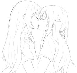 Rule 34 | 2girls, akatsuki (osamaru36), closed eyes, facing another, greyscale, hand in another&#039;s hair, hand on another&#039;s shoulder, himehina channel, imminent kiss, lineart, long hair, monochrome, multiple girls, profile, suzuki hina, tanaka hime, upper body, virtual youtuber, yuri