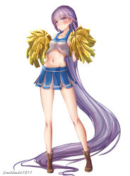 Rule 34 | 1girl, absurdly long hair, bare shoulders, blush, breasts, cheerleader, clear glass (mildmild1311), collarbone, commission, crop top, fire emblem, fire emblem: the binding blade, groin, highres, holding, holding pom poms, long hair, midriff, miniskirt, navel, nintendo, pleated skirt, pom pom (cheerleading), pom poms, purple eyes, purple hair, shirt, shoes, simple background, skeb commission, skirt, sleeveless, sleeveless shirt, small breasts, solo, sophia (fire emblem), stomach, twitter username, very long hair, white background