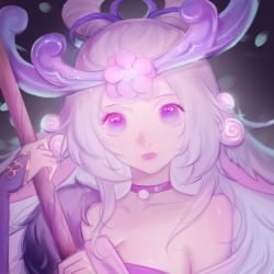 Rule 34 | 1girl, bare shoulders, blue ribbon, breasts, choker, cleavage, flower, hair flower, hair ornament, hair rings, highres, league of legends, lillia (league of legends), long hair, purple eyes, ribbon, saikayo, solo, spirit blossom lillia, staff, upper body