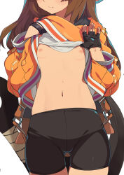 Rule 34 | 1girl, anchor, bike shorts, black gloves, breasts, brown hair, closed mouth, clothes lift, commentary request, fingerless gloves, gloves, gluteal fold, guilty gear, guilty gear strive, head out of frame, highres, jacket, jacket lift, lifting own clothes, long hair, may (guilty gear), morisobo, navel, nipples, orange jacket, simple background, small breasts, solo, sweat, white background