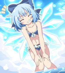 Rule 34 | 1girl, ^ ^, bent over, bikini, blue bikini, blue eyes, blue hair, blue sky, blush, cirno, closed eyes, cloud, do (4-rt), dutch angle, closed eyes, facing viewer, grin, hair ribbon, highres, ice, ice wings, knees together feet apart, leaning forward, matching hair/eyes, navel, open mouth, partially submerged, ribbon, short hair, sky, smile, smirk, solo, stomach, swimsuit, thigh gap, touhou, wading, water, wet, wings