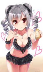 Rule 34 | 10s, bikini, breasts, cleavage, cross, cross necklace, drill hair, hair ribbon, heart, highres, idolmaster, idolmaster cinderella girls, jewelry, kanzaki ranko, large breasts, midriff, navel, necklace, paopao, red eyes, ribbon, silver hair, simple background, solo, swimsuit, twin drills, twintails, twitter username