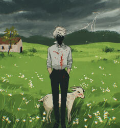 Rule 34 | 1boy, black pants, blood, blood on clothes, commentary request, dress shirt, face in shadow, faceless, faceless male, facing viewer, field, floating hair, flower, flower field, goat, grass, grey shirt, hands in pockets, hill, horror (theme), house, lightning, male focus, original, outdoors, overcast, pants, procreate (medium), rgk1254, scenery, shirt, shirt tucked in, short hair, sky, sleeves rolled up, standing, storm, storm cloud, tree, wind