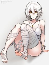 Rule 34 | 1girl, bandages, barefoot, breasts, cleavage, code vein, feet, io (code vein), jewelry, looking at viewer, necklace, parted lips, scathegrapes, soles, toes, white hair, yellow eyes