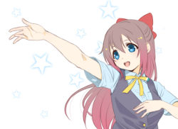 Rule 34 | 1girl, aqua eyes, aqua shirt, artist name, artist request, black vest, blue eyes, blush, bow, breasts, brown hair, buttons, collared shirt, female focus, hair between eyes, hair bow, hair over shoulder, hand on own chest, hand raised, high ponytail, long hair, looking at viewer, love live!, love live! nijigasaki high school idol club, medium breasts, nail, nail polish, nijigasaki academy school uniform, osaka shizuku, parted lips, ponytail, raised hand, red bow, ribbon, school uniform, shirt, short sleeves, smile, solo, star (symbol), sweater vest, upper body, vest, white background, white shirt, yellow buttons, yellow neckwear, yellow ribbon