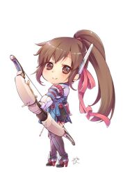 Rule 34 | 1girl, ass, bow (weapon), brown eyes, brown hair, chibi, closed mouth, full body, gloves, hair ribbon, high heels, high ponytail, long hair, looking at viewer, misono mitama, pink ribbon, ponytail, ribbon, saionji reimi, shorts, simple background, smile, solo, star ocean, star ocean the last hope, thighhighs, weapon, white background, white gloves