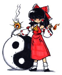 Rule 34 | 1girl, absurdres, angry, black eyes, black hair, bomb, bow, explosive, female focus, full body, fuse, hair bow, hakurei reimu, highres, matches, short hair, solo, syodo, touhou, traditional media, white background, yin yang